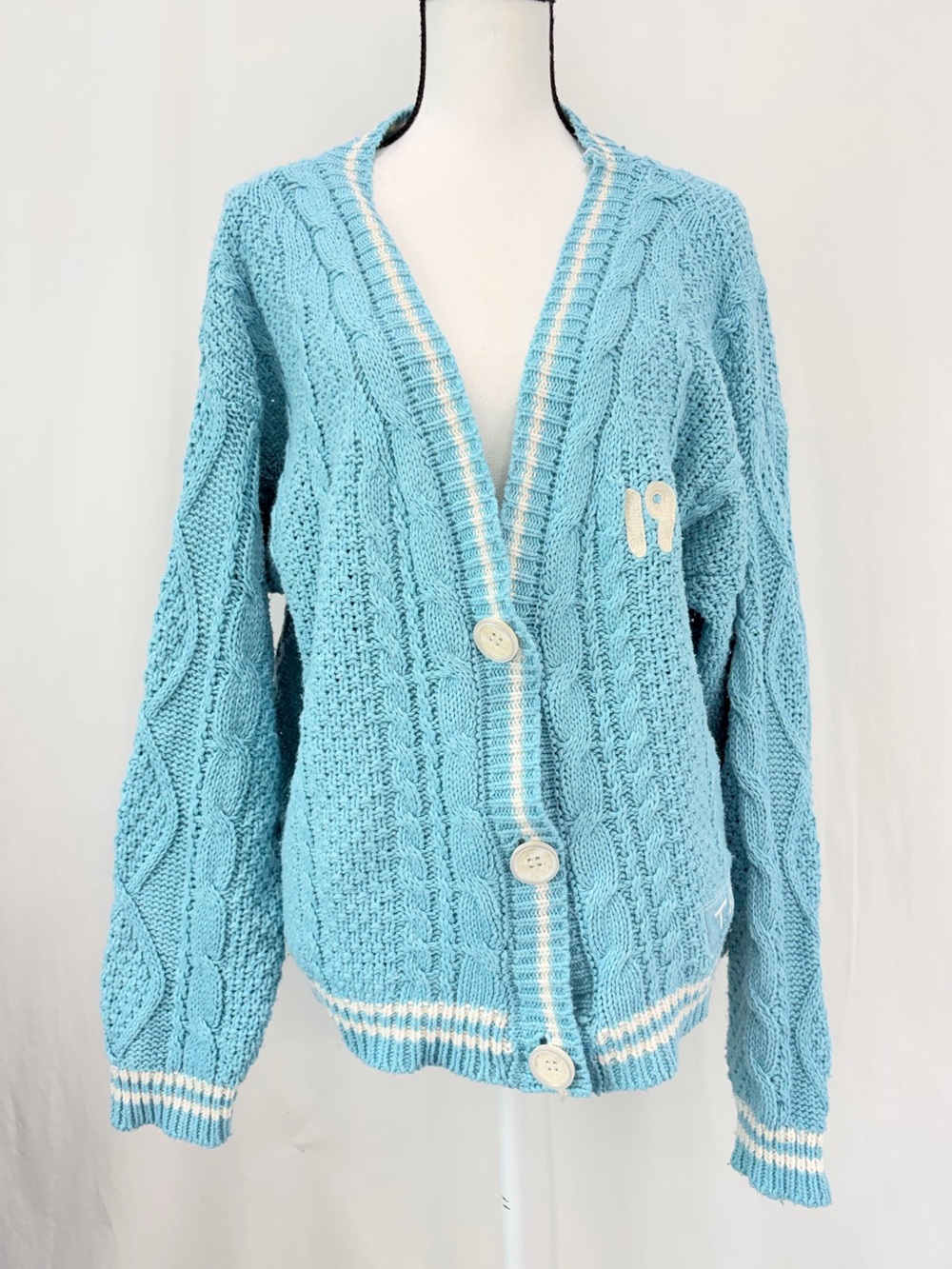 Taylor Swift Blue 1989 Cable Knit Cardigan Ivory Trim Seagulls Swifties Med/Larg